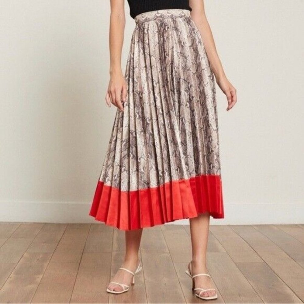 Lucy Paris Womens XS Python Accordion Pleated Midi Skirt Red Color-block Trim‎